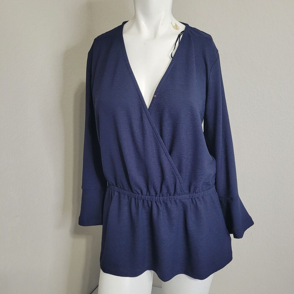Michael Kors Medium Blouse women v-neck faux wrap snap button pleated peplum